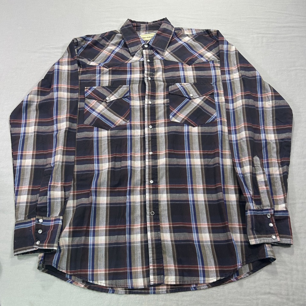 Bit & Bridle Shirt Mens Large Tall Blue Plaid Pearl Snap Western Cowboy Adult *
